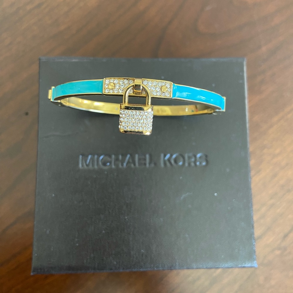 Michael Kors Turquoise Hinged Bangle Bracelet Crystal Padlock Charm